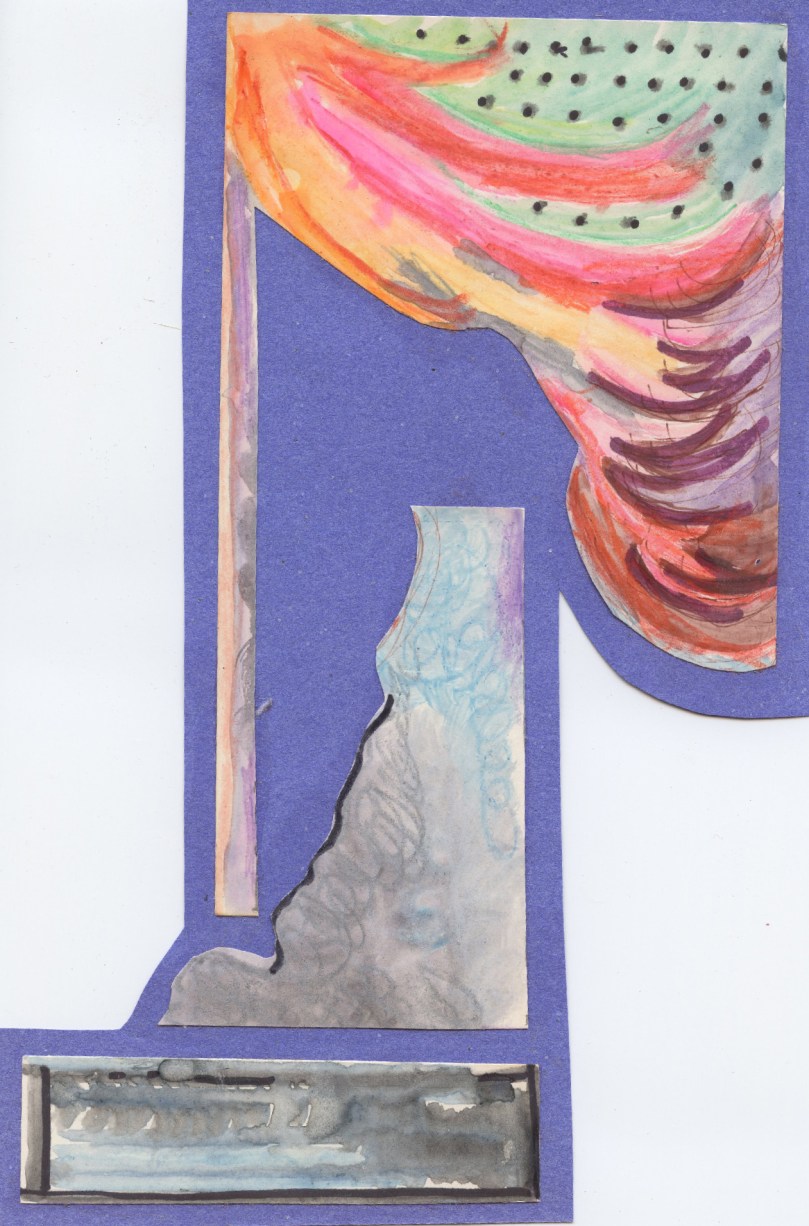 1 102809 - Like a flying fluttering flag with pole, something old, solid, perhaps stone - cheap dollar store watercolor and crayon, cut and glued