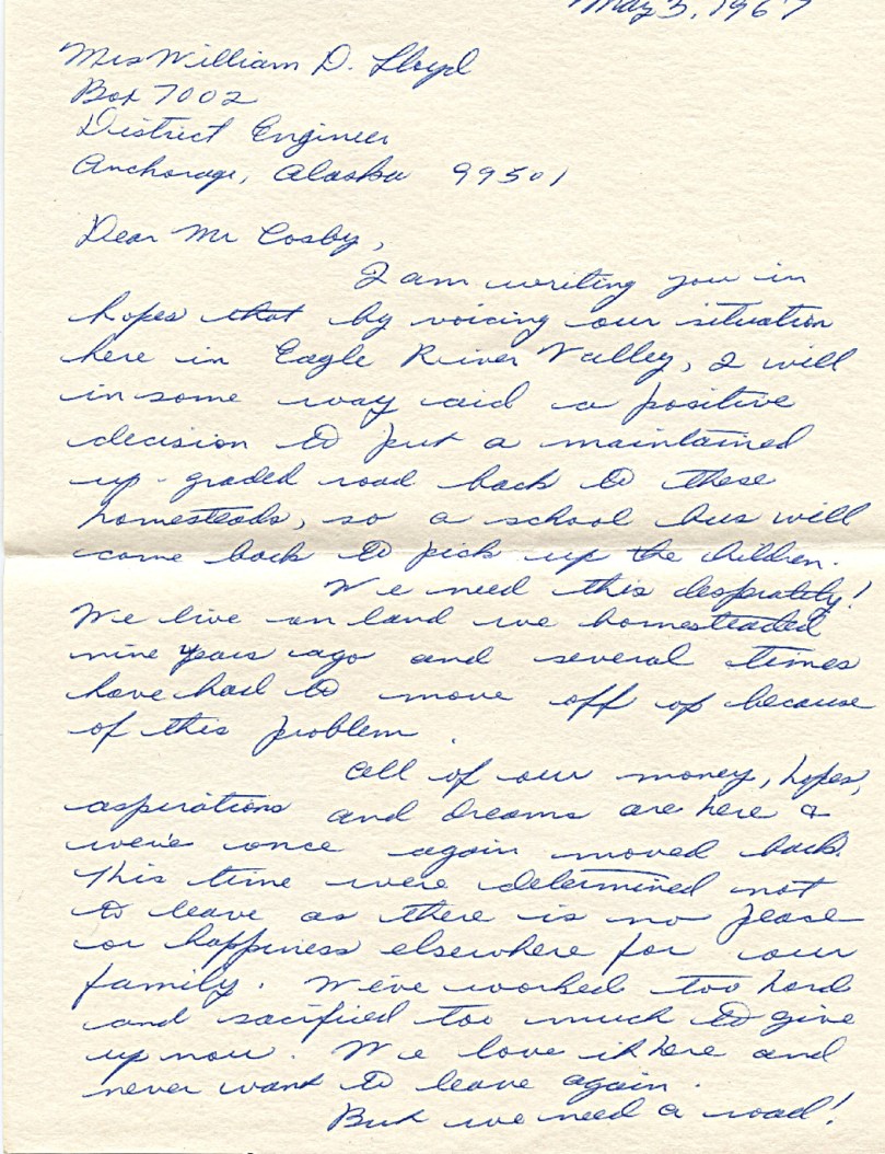 May 3, 1967 mother asking for Eagle River Road extension back into the valley