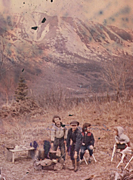 1959 - closeup 4 of us new on mt 1959 - May - Oh, the happy homesteaders! Oh, that our family could have happily made our home here --