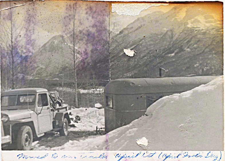 1959 - April 1 - Parked at Pollard's bottom of Horror Hill - nice shot of Jeep truck - until I saw these photos I always remembered from childhood that truck had lights on its roof -- nope nope nope!