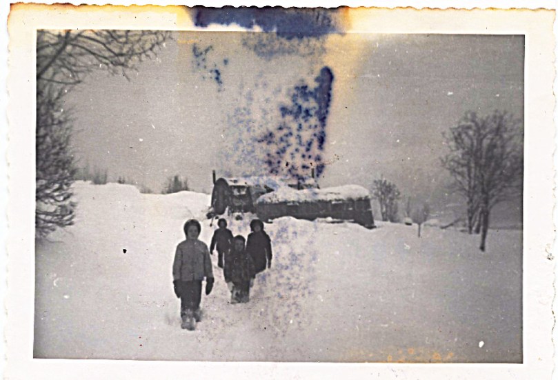 1959 December, end of our road!  Jamesway and trailer, and four mountain hikers