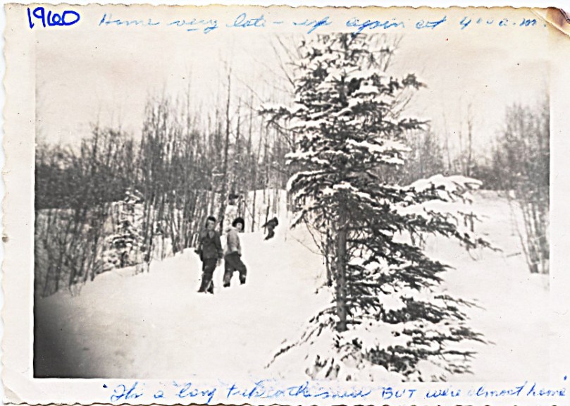 1960 Cindy and I - Mother says on photo:  Home very late - up again at 4:00 A.M. -- It's a long trip in the snow BUT we're almost home"
