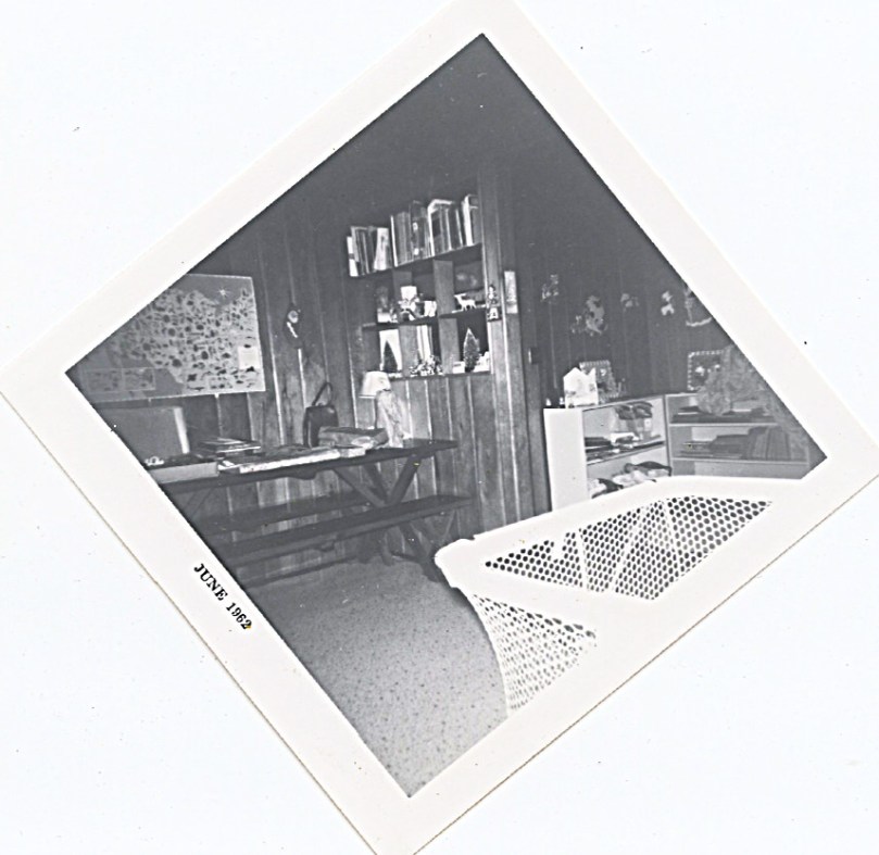 1962 inside log house, kitchen would have been on right behind that wall