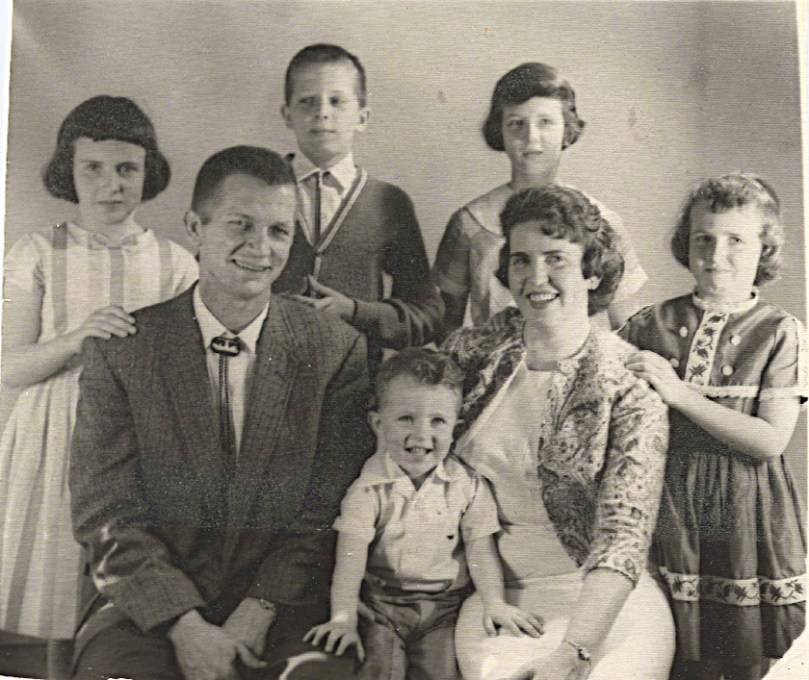 June 11, 1963 family portrait, I think the only one we ever had taken.  David in front, Cindy behind dad, John, Linda and Sharon