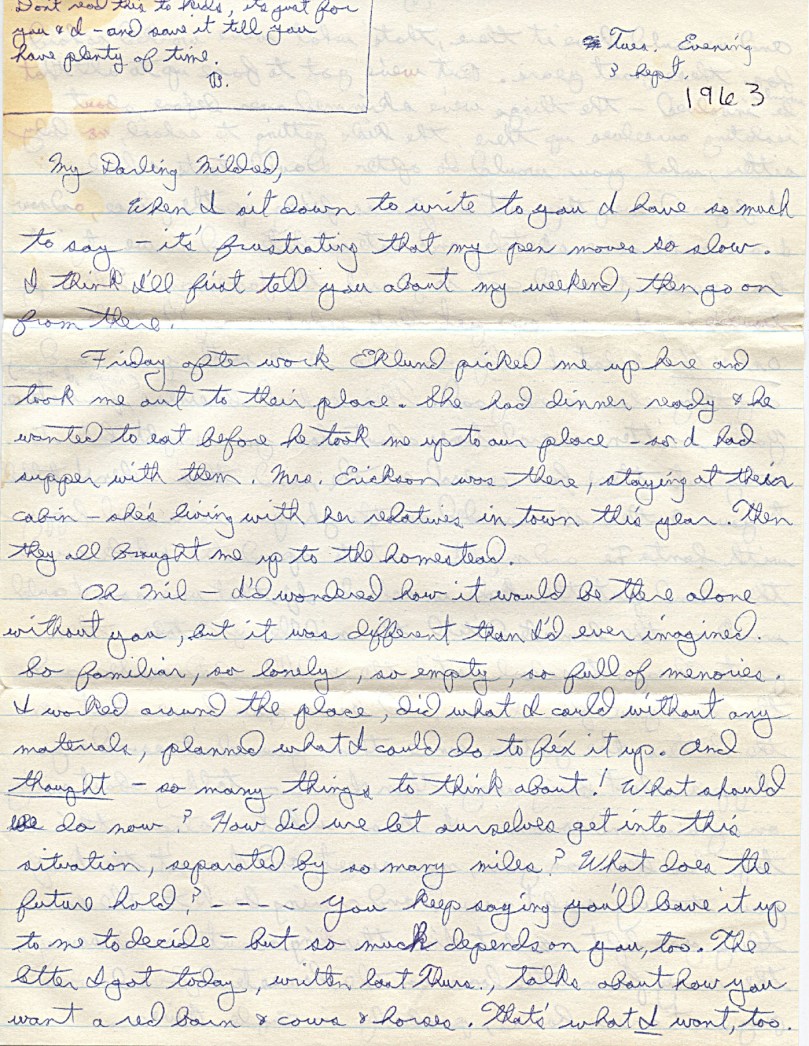 1963 - September 3 Letter from Dad to mother - Dad was left handed