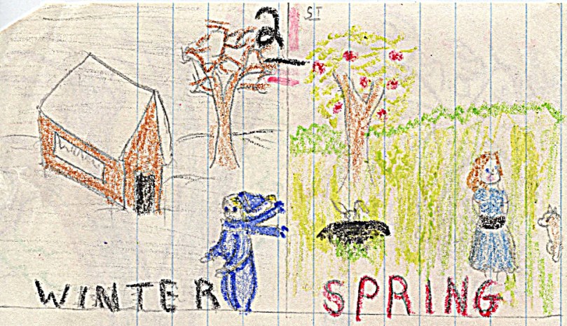 I doubt I had any concept of the equinox, but find my choice of themes for this card interesting as her birthday was December 21st.  More a step into winter than a step into spring, but I was thinking positively!  Interesting split of "21st" there, but not a split between fall and winter like this date actually is.  I think that's a little squirrel on a black rock there, some animal appearing on the right there.  Curtains or a valence on the window of the house.  Very dark door, no sign of a door knob which is something I always look for in a child's drawing.  Interesting no sign of heat in that house -- no chimney, no smoke.  Would think it would be a bit cold!  