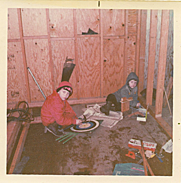 circa 1968 - David and Steven - Dad adding bedroom end onto Jamesway