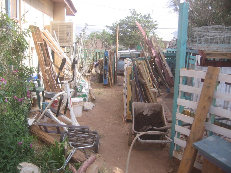 miniature goat corral on right of picture - looking north (there's a little goat house - right of picture with rolled wire fencing stored on top for now)